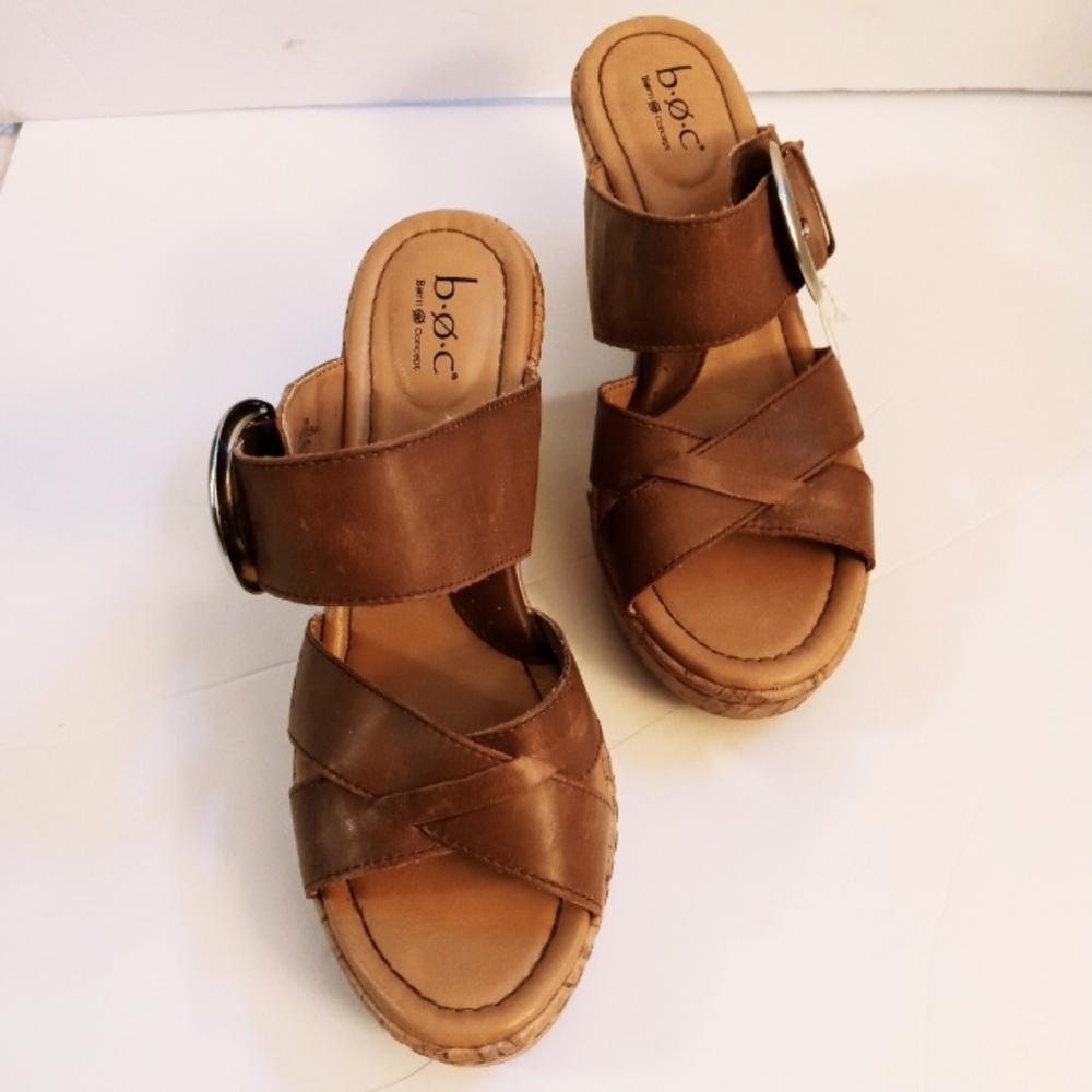 BOC -Born Strap Cork Wedge Sandals in Distressed Cognac Tan Leather - 8M / 39 EU